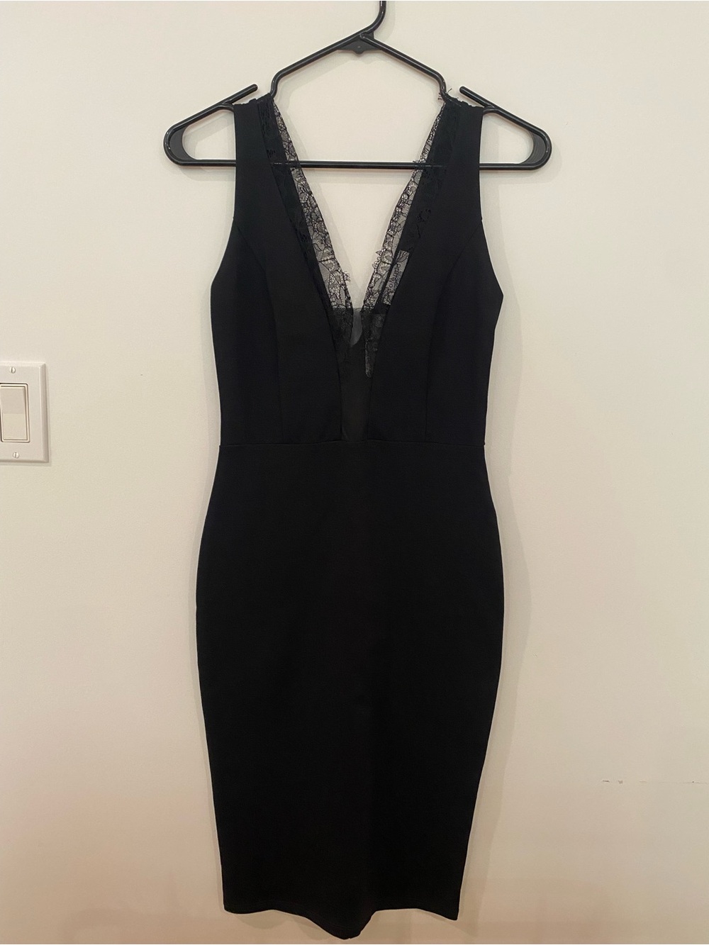 Solemio Black Lace-Trim Deep V Midi Dress